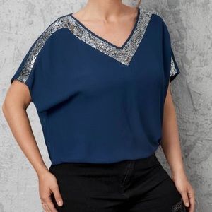 Plus size sequins detail v neck top